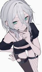  absurdres asymmetrical_legwear bent_over black_shorts breasts cropped_shirt female fishnet_thighhighs fishnets green_eyes grey_hair haku_(yanhaku) highres looking_at_viewer medium_hair navel original short_shorts short_sleeves shorts simple_background small_breasts solo thigh_strap thighhighs v white_background wolf_cut 