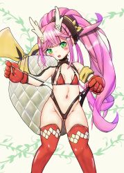  absurdres armband ass_visible_through_thighs azur_lane bikini breasts dragon_girl dragon_horns dragon_tail female gloves green_eyes groin haganemura high_ponytail highres horns long_hair looking_at_viewer navel official_alternate_costume petite pink_hair ponytail red_bikini red_gloves red_thighhighs ryuujou_(azur_lane) ryuujou_(the_dragon_slides_in!)_(azur_lane) small_breasts solo stomach swimsuit tail thighhighs yellow_armband 