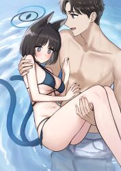  1boy absurdres animal_ears aoi_riko black_eyes blue_archive blue_halo carrying cat_ears cat_girl cat_tail collarbone female gradient_tail halo highres kikyou_(blue_archive) multiple_tails navel princess_carry sensei_(blue_archive) tail two_tails 