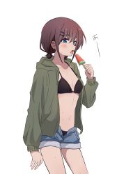  bikini black_bikini black_bra blue_eyes blue_shorts blush bra breasts brown_hair commentary female food girls_band_cry green_jacket highres hood hood_down hooded_jacket iseri_nina jacket lemoontya low_twintails navel open_clothes open_fly open_jacket open_mouth popsicle short_hair short_twintails shorts simple_background small_breasts solo stomach swimsuit twintails underwear watermelon_bar white_background 