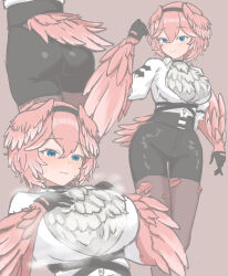  absurdres ass bird_tail black_hairband blue_eyes blush breasts commentary_request feathered_wings female gloves hair_between_eyes hairband head_wings high-waist_shorts highres hololive large_breasts looking_at_viewer multiple_views neck_feathers pantyhose pantyhose_under_shorts pink_hair pink_wings shirt short_hair shorts smile tail takane_lui virtual_youtuber white_shirt winged_arms wings yomocha_skebmu_ji_zhong 