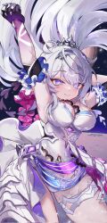  arms_up blue_eyes breasts commentary cowboy_shot dduehddueh diamond-shaped_pupils diamond_(shape) dress english_commentary female highres honkai_(series) honkai_impact_3rd kiana_kaslana kiana_kaslana_(herrscher_of_finality) large_breasts long_hair purple_pupils sleeveless sleeveless_dress smile solo symbol-shaped_pupils tiara white_dress white_hair 
