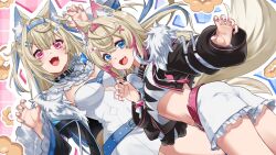  2girls animal_ear_fluff animal_ears black_coat black_jacket blonde_hair blue_background blue_eyes blue_hair blue_hairband breasts claw_pose cleavage coat cropped_shirt dog_ears dog_girl dog_tail dress fake_horns fuwawa_abyssgard fuwawa_abyssgard_(1st_costume) hairband headphones headphones_around_neck highres hololive hololive_english horns jacket large_breasts mococo_abyssgard mococo_abyssgard_(1st_costume) multicolored_hair multiple_girls oerba_yun_fang oji_(nyantyu081) open_clothes open_coat open_jacket open_mouth pink_background pink_eyes pink_hair pink_hairband shirt siblings sisters skin_fang spiked_hairband spikes streaked_hair tail twins two-tone_hair virtual_youtuber white_dress white_shirt 