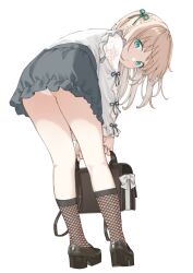  bag bent_over black_bag black_shoes black_socks blonde_hair closed_mouth expressionless female fishnet_socks fishnets frilled_skirt frilled_sleeves frills from_behind full_body green_eyes green_ribbons grey_skirt hair_ribbon highres holding holding_bag lace-trimmed_panties lace_trim leaning_forward long_hair long_sleeves looking_at_viewer looking_back maigoyaki miniskirt original panties pantyshot ribbon shirt shoes simple_background skirt socks solo underwear white_background white_panties white_shirt 