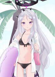  akaya_(pixiv20545353) ass_visible_through_thighs bag bikini bikini_under_clothes black_bikini blue_archive breasts collarbone commentary_request female frilled_bikini frills grey_hair groin halo highres hina_(blue_archive) holding holding_swim_ring horns innertube jacket long_hair long_sleeves looking_at_viewer low_wings navel off_shoulder open_clothes open_jacket palm_tree parted_lips purple_eyes purple_wings small_breasts solo swim_ring swimsuit tree very_long_hair white_jacket wings 