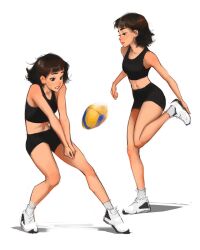  adjusting_clothes adjusting_shoe ball black_eyes black_shoes brown_hair clenched_teeth crop_top female full_body highres line_of_action medium_hair multiple_views open_mouth original sam_yang shoes sneakers sparkling_eyes stomach teeth toned toned_female volleyball_(object) 