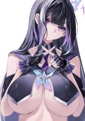  absurdres aqua_eyes aqua_hair black_collar black_eyes black_gloves black_hair breasts closed_mouth collar commentary commission covering_nipples covering_privates crossed_fingers detached_sleeves female fingerless_gloves gloves hair_between_eyes head_tilt highres kooemong large_breasts long_hair looking_at_viewer multicolored_eyes multicolored_hair necktie original purple_eyes purple_hair purple_necktie sailor_collar short_necktie sidelocks simple_background sleeveless solo upper_body white_background 