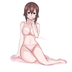  absurdres arm_support bluff260 blush bra breasts brown_eyes brown_hair cleavage collarbone commentary_request female finger_to_mouth girls_und_panzer groin highres large_breasts looking_at_viewer medium_hair navel nishizumi_maho panties pants pink_bra pink_panties pink_pants smile solo translation_request twitter_username underwear underwear_only white_background 