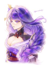  braid braided_ponytail breasts cleavage commentary cropped_torso female genshin_impact gunocha hair_ornament hashtag-only_commentary highres japanese_clothes kimono large_breasts long_hair mitsudomoe_(shape) obi obiage obijime parted_lips purple_eyes purple_hair purple_kimono raiden_shogun red_sash sash shrug_(clothing) simple_background single_braid solo tomoe_(symbol) twitter_username white_background 