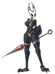  2024 2_horns 3:4 anthro arthropod arthropod_abdomen bav biped black_body black_eyes breasts clothed clothing digital_drawing_(artwork) digital_media_(artwork) eyelashes female front_view hi_res holding_melee_weapon holding_object holding_weapon hollow_knight horn hornet_(hollow_knight) humanoid melee_weapon nail_(weapon) pose shaded simple_background simple_shading solo standing team_cherry three-quarter_view translucent translucent_clothing warm_colors weapon white_background 