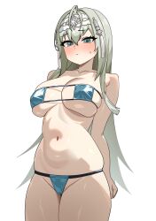  absurdres ahoge arms_behind_back bare_arms bare_shoulders bikini blue_bikini blue_eyes blush breasts cleavage closed_mouth collarbone commission cowboy_shot epic_seven eyepatch_bikini female grey_hair hair_ornament headband highres large_breasts long_hair looking_at_viewer myangdu navel politis_(epic_seven) simple_background solo stomach string_bikini sweatdrop swimsuit thighs very_long_hair white_background 