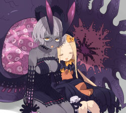  2girls abigail_williams_(fate) abigail_williams_(first_ascension)_(fate) bare_shoulders black_dress blonde_hair blush bow bowtie breasts center_opening cleavage closed_eyes colored_skin commentary dress exhausted fate/grand_order fate_(series) glasses grey_hair grey_skin hairbow holding holding_stuffed_toy horns jacques_de_molay_(foreigner)_(fate) jacques_de_molay_(foreigner)_(third_ascension)_(fate) long_hair medium_breasts moruka_(karupattyo03) multiple_girls open_mouth short_hair smile stuffed_animal stuffed_toy sweat teddy_bear yellow_bow yellow_bowtie yellow_eyes 