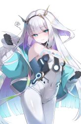  absurdres bare_shoulders blue_eyes blue_jacket blunt_bangs blush bodysuit breasts commentary covered_navel eudie_(shadowverse) female head_tilt highres ichien_ekaki jacket long_hair looking_at_viewer open_clothes open_jacket shadowverse shadowverse:_worlds_beyond simple_background skin_tight small_breasts solo standing very_long_hair white_background white_bodysuit white_hair 