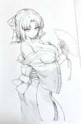  ass bow breasts cleavage closed_mouth collarbone commentary_request curtained_hair female folding graphite_(medium) greyscale hand_fan highres holding holding_fan huge_breasts japanese_clothes kimono large_breasts looking_at_viewer low_neckline medium_hair monochrome ribbon-trimmed_kimono ribbon_trim seishun_dendeke senran_kagura solo standing traditional_media wide_sleeves yumi_(senran_kagura) 
