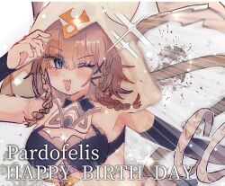  115date ;o animal_hood bikini black_bikini black_gloves breasts brown_hair cat_girl cat_hood cat_tail character_name cleavage commentary_request elbow_gloves female gloves green_eyes happy_birthday highres honkai_(series) honkai_impact_3rd hood medium_breasts oerba_yun_fang one_eye_closed open_mouth pardofelis pardofelis_(reverist_calico) short_hair_with_long_locks simple_background skin_fang solo swimsuit tail upper_body white_background white_hood 