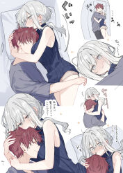  1boy armpit_crease arrow_(symbol) between_breasts black_pants blue_sweater blush breasts brown_hair commentary_request face_between_breasts female fuyukawa_kagari green_eyes grey_hair grey_shirt grey_shorts hakanai_kimi_wa_moukou_wo_hajimeru head_between_breasts heartbeat kazutake_hazano large_breasts long_sidelocks looking_at_another multiple_views nose_blush pants ribbed_sweater sequential shirt short_hair short_hair_with_long_locks short_shorts shorts sideboob sidelocks sleeveless sleeveless_sweater smelling smelling_hair sound_effects straight sweat sweater terui_soushichi translation_request turtleneck turtleneck_sweater very_short_hair 