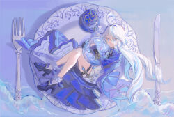  absurdres bare_legs blue_eyes blue_jacket blue_shoes female furina_(genshin_impact) genshin_impact giant_fork gloves hat heterochromia highres hugging_object jacket kitchen_knife long_hair long_sleeves lying nekono0034 on_side pale_skin plate shoes shorts simple_background socks top_hat translation_request very_long_hair water waves white_gloves white_hair white_shorts white_socks 