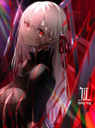  absurdres azarashi_(azrsot) black_dress body_markings breasts commentary_request corruption dark_persona dark_sakura dress fate/stay_night fate_(series) female hair_between_eyes hair_ribbon head_tilt heaven&#039;s_feel highres large_breasts long_hair looking_at_viewer matou_sakura parted_lips red_eyes red_ribbon ribbon smirk solo white_hair 