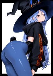  absurdres animal_ears arched_back ass bae_minah_(chaesu) bent_over black_hat black_hoodie black_leotard blue_eyes blue_hair blue_pantyhose borrowed_character breasts closed_mouth commentary cowboy_shot crop_top crop_top_overhang cropped_hoodie expressionless fake_animal_ears fake_tail female from_side hand_on_own_thigh hat highleg highleg_leotard highres hood hood_down hoodie large_breasts leotard long_hair long_sleeves looking_at_viewer looking_to_the_side original pantyhose parted_bangs playboy_bunny rabbit_ears rabbit_tail shiny_pantyhose simple_background solo standing tail very_long_hair white_background witch_hat yan_kodiac 