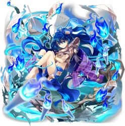  barefoot blue_bow blue_eyes blue_fire blue_hair blue_skirt bow bowl bracelet candle closed_mouth crossed_arms drawstring female fire full_body game_cg grey_hoodie hair_between_eyes hairbow highres hood hoodie jewelry long_hair looking_at_viewer midriff_peek navel official_art paper rotte_(1109) short_sleeves skirt solo third-party_source toes touhou touhou_lostword translation_request transparent_background very_long_hair wavy_hair yorigami_shion 