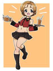  adapted_costume armpits black_boots black_skirt blue_eyes blush boots braid breasts cup detached_sleeves drinking_glass drinking_straw female food fruit girls_und_panzer glass_teapot groin holding holding_teapot holding_tray iced_tea jacket lemon lemon_slice midriff miniskirt navel open_mouth orange_background orange_hair orange_pekoe_(girls_und_panzer) pleated_skirt red_jacket simple_background skirt small_breasts smile st._gloriana&#039;s_military_uniform takahashi_kurage teapot tray twin_braids 