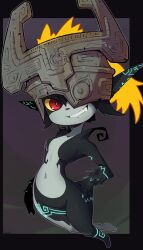 armor artist_name female glowing glowing_markings hair hand_on_hip headgear headgear_only helmet helmet_only hi_res humanoid imerald imp markings midna navel nintendo one_eye_obstructed pointy_ears red_eyes smile solo teeth text the_legend_of_zelda toothy_grin twili twilight_princess wide_hips yellow_sclera 