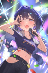  ;d absurdres belt black_hair blue_eyes blush clothes_writing collarbone colored_inner_hair commentary confetti cowboy_shot female gakuen_idolmaster glowstick hataya_misuzu highres hip_vent holding holding_microphone idolmaster jacket jacket_on_shoulders looking_at_viewer medium_hair microphone midriff multicolored_hair navel one_eye_closed open_mouth penlight_(glowstick) pinky_out pulmo_(artist) purple_hair short_sleeves smile solo stage_lights teeth two-tone_hair upper_teeth_only 