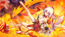  aerial_fireworks ahoge architecture barefoot blue_eyes breasts cleavage commentary_request dress east_asian_architecture feet female fireworks highres honkai_(series) honkai_impact_3rd kiana_kaslana kiana_kaslana_(ba-dum!_fiery_wishing_star) lantern large_breasts long_hair long_legs night night_sky outdoors paper_lantern ponytail red_dress sky sky_lantern solo star-shaped_pupils star_(symbol) symbol-shaped_pupils thighs toes very_long_hair white_hair yelan_xing_xuan 