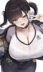  absurdres belt black_belt black_choker black_hair black_jacket black_skirt blush bra_visible_through_clothes breasts choker cleavage commentary ear_ornament female goddess_of_victory:_nikke hair_intakes highres huge_breasts jacket liaowen long_hair looking_at_viewer miniskirt mole mole_under_eye open_clothes open_jacket open_mouth opened_by_self pantyhose pencil_skirt red_eyes shirt simple_background skirt smile solo sora_(nikke) twintails v white_background white_shirt 