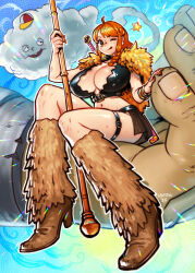  1other baseball_cap boots bracelet braid breasts brown_boots brown_eyes brown_skirt cape cleavage cleavage_cutout clima-tact clothing_cutout cloud commentary crop_top eyeshadow fake_trading_card female fingernails full_body fur_cape fur_leg_warmers giant gold_bracelet half-closed_eyes hat high_heel_boots high_heels holding holding_staff in_palm jewelry large_breasts leather leather_boots leg_warmers long_fingernails long_hair looking_at_viewer louten makeup midriff miniskirt multiple_bracelets nail_polish nami_(one_piece) navel numbered official_alternate_costume one_eye_closed one_piece open_mouth orange_eyeshadow orange_hair orange_nails out_of_frame outline sharp_fingernails sheath sheathed single_braid sitting skirt smile sound_effects staff star_(symbol) sword sword_on_back thigh_strap tongue tongue_out weapon weapon_on_back white_outline zeus_(one_piece) 