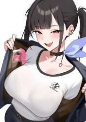  belt black_belt black_bra black_choker black_hair black_jacket black_skirt blush bra bra_visible_through_clothes breasts choker cleavage commentary condom condom_packet_strip condom_wrapper ear_ornament female goddess_of_victory:_nikke hair_intakes highres jacket jewelry long_hair looking_at_viewer mole mole_under_eye oerba_yun_fang open_clothes open_jacket open_mouth opened_by_self pencil_skirt red_eyes ring see-through_clothes see-through_shirt shirt simple_background skirt smile solo sora_(nikke) twintails underwear white_background white_shirt xi_oshir1 