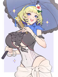  blonde_hair blush breasts constance_von_nuvelle constance_von_nuvelle_(summer) covered_navel drill_hair fire_emblem fire_emblem:_three_houses fire_emblem_heroes flower folding_fan gonzarez hair_flower hair_ornament hairband hand_fan highres holding holding_fan holding_umbrella jewelry large_breasts medium_hair multicolored_hair navel official_alternate_costume one-piece_swimsuit open_mouth parasol purple_hair sarong short_hair sidelocks simple_background smile swimsuit teeth umbrella white_one-piece_swimsuit white_sarong 