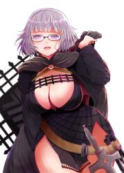  arano_oki black_dress breasts center_opening cleavage cloak commentary dress fate/grand_order fate_(series) female glasses grey_hair jacques_de_molay_(foreigner)_(fate) jacques_de_molay_(foreigner)_(second_ascension)_(fate) kisaragi_1go large_breasts looking_at_viewer open_mouth short_hair simple_background solo white_background 