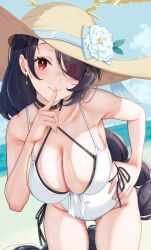  absurdres armpit_crease beach bikini black_bikini black_choker black_hair blue_archive blue_ribbon blue_sky blush braid breasts choker cleavage closed_mouth cloud collarbone commentary_request covered_navel cowboy_shot cross cross_earrings day dutch_angle earrings eyes_visible_through_hair female finger_to_mouth flower fluffy_hair foreshortening hair_over_one_eye halo hand_on_own_hip hand_up hat hat_flower hat_ribbon highres hinata_(blue_archive) hinata_(swimsuit)_(blue_archive) index_finger_raised jewelry large_breasts layered_swimsuit leaning_forward long_bangs long_hair looking_at_viewer loosely_tucked_bangs ocean one-piece_swimsuit outdoors parted_bangs red_eyes ribbon sand shushing side-tie_bikini_bottom single_braid sky smile solo standing sun_hat sunlight swimsuit very_long_hair white_flower white_one-piece_swimsuit yami_anko yellow_halo yellow_hat 