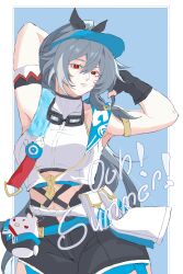  absurdres artist_request black_gloves breasts english_text female fingerless_gloves gloves grey_hair herrscher_of_sentience herrscher_of_sentience_(ooh!_summer!) highres honkai_(series) honkai_impact_3rd jingwei_(bird) long_hair red_eyes solo tagme 
