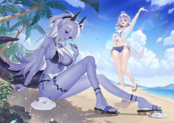  2girls ahoge arm_up bare_legs beach bikini black_bikini black_horns blue_eyes blue_sky blue_tongue breasts cleavage cloud colored_skin colored_tongue commentary cumulonimbus_cloud day eyewear_on_head fingernails food front-tie_bikini_top front-tie_top holding holding_food holding_popsicle horns large_breasts legs licking long_hair looking_at_viewer multiple_girls navel open_mouth original palm_tree pointy_ears popsicle purple_bikini purple_skin sandals shirt shore side-tie_bikini_bottom sidelocks single_off_shoulder sitting sky smile stomach sunglasses swimsuit symbol-only_commentary tail thighs tied_shirt toenails toes tree very_long_hair wenz wet white_hair white_shirt 
