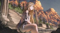  bare_shoulders black_collar black_dress blonde_hair cartethyia_(wuthering_waves) collar crown_of_thorns dress earrings female hashtag-only_commentary highres jewelry kuroisen long_hair outdoors pillar pointy_ears sitting sky smoke solo stairs tabard tacet_mark_(wuthering_waves) white_tabard wuthering_waves 