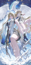  absurdres alicorn angel_wings anklet black_collar black_dress blue_eyes blue_hands breasts cartethyia_(wuthering_waves) collar colored_inner_hair commentary crown_of_thorns dress dual_persona english_commentary feathered_wings female fleurdelys_(wuthering_waves) floating_crown from_below highres horns imperator_(wuthering_waves) jewelry large_breasts long_hair long_horns multicolored_hair pointy_ears single_horn small_breasts splashing tabard tacet_mark_(wuthering_waves) thighs unicorn very_long_hair water white_tabard wings wuthering_waves yellow_horns zeradok 