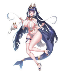  absurdres ancient_egyptian_clothes animal_ears ankh belt black_eyes black_hair body_markings bracelet breast_curtains breasts cetacean_tail character_name facial_mark female fins fish_tail gold_bracelet gold_collar hair_ornament heart high_heels highres indie_virtual_youtuber jewelry large_breasts long_hair oerba_yun_fang open_mouth orca_girl pellpt pelvic_curtain shoes shylily solo tail thigh_belt thigh_strap virtual_youtuber white_background white_hair white_shoes 