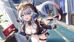  :d absurdres animal_ear_fluff animal_ears bag bent_over black_gloves blue_eyes braid breasts caelus_(honkai:_star_rail) cat_ears cat_girl cat_tail chinese_commentary cipher_(honkai:_star_rail) cleavage commentary_request female fingerless_gloves gloves grey_hair highres holding honkai:_star_rail honkai_(series) hood hood_up indoors lantian_ol leaning_forward long_hair long_sleeves looking_at_viewer medium_breasts miyoushe_watermark oerba_yun_fang open_mouth plant potted_plant revision short_shorts shorts side_braid smile solo standing tail thigh_strap trailblazer_(honkai:_star_rail) watermark 
