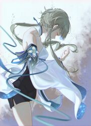  bare_shoulders black_shorts blue_eyes breasts collar detached_sleeves dissolving dress dust female from_side genshin_impact grey_hair guizhong_(genshin_impact) hair_ornament hair_stick highres lazel_1057 light_particles long_hair long_sidelocks looking_down low_ponytail outline ponytail red_outline shorts sidelocks simple_background small_breasts standing starry_sky_print very_long_hair white_background white_dress white_sleeves wide_sleeves 