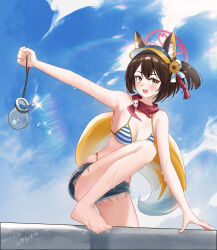  :d absurdres animal_ear_fluff animal_ears armpits bare_legs barefoot bikini black_hair blue_archive blue_sky breasts cleavage cloud cloudy_sky commentary_request denim denim_shorts eyeshadow female flower fox_ears fox_girl fox_tail hair_flower hair_ornament halo highres izuna_(blue_archive) izuna_(swimsuit)_(blue_archive) lens_flare looking_at_viewer makeup medium_hair midriff official_alternate_costume official_alternate_hairstyle one_side_up outdoors pom_pom_(clothes) pom_pom_hair_ornament red_eyeshadow red_halo red_scarf scarf shangdi_de_fa_zhang short_shorts shorts sidelocks sky small_breasts smile solo spaghetti_strap striped_bikini striped_clothes summer sunflower sunflower_hair_ornament sunlight swimsuit tail toes visor_cap wet yellow_eyes 