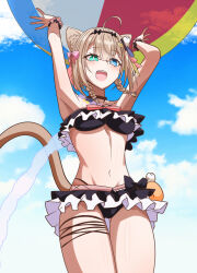  animal_ears armpits ball beachball bikini bikini_skirt black_bikini blue_eyes blue_sky brown_hair cat_ears cat_girl cat_tail cloud day female green_eyes hashtag-only_commentary heterochromia holding holding_ball holding_beachball honkai_(series) honkai_impact_3rd nabeiro_kin official_alternate_costume open_mouth outdoors pardofelis pardofelis_(midsummer_collector) short_hair_with_long_locks sky solo swimsuit tail thigh_strap thighs 