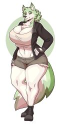  2025 absurd_res anthro ass athletic athletic_female big_breasts big_butt biker_gloves boots bottomwear breasts canid canine canis cheek_tuft chest_tuft cleavage clothed clothing digital_drawing_(artwork) digital_media_(artwork) emerald_(rexcrusader) eyebrows eyelashes facial_tuft female fingerless_gloves footwear fur gloves green_body green_fur hand_on_hip handwear hi_res inner_ear_fluff jacket long_tail mammal multicolored_body multicolored_fur pockets shaded shirt shoes shorts simple_shading slightlysimian solo solo_focus tagme tail tail_tuft tank_top thick_thighs topwear tuft two_tone_body two_tone_fur white_body white_fur wolf 