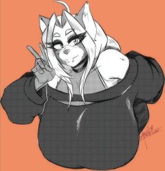  ailurid anthro anuki artfight2025 bent_over big_breasts black_and_white breasts bust_portrait clothing female hanging_breasts hi_res huge_breasts looking_at_viewer mammal monochrome portrait red_panda simple_background solo sweater topwear 