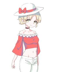  adapted_costume alternate_hairstyle bare_shoulders black_choker blonde_hair bow breasts choker commentary_request crop_top elly_(touhou) female frilled_shirt frills groin hat hat_bow hat_ribbon long_sleeves medium_breasts midriff navel off_shoulder pants red_bow red_ribbon red_shirt ribbon s-a-murai shirt short_hair smile solo touhou touhou_(pc-98) white_background white_hat white_pants yellow_eyes 