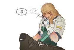 :3 belt blonde_hair bruise bruise_on_arm cigarette cropped_jacket deadlock_(valorant) eyebrow_cut female glowing_veins hair_between_eyes half-sleeves highres injury jacket k0gaa knee_pads looking_down medium_hair mole mole_under_eye open_clothes open_jacket pants prosthesis prosthetic_hand simple_background sitting smoke smoking solo speech_bubble spread_legs thigh_strap valorant white_background 