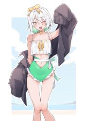  airenif arm_up beach black_jacket blush border braid cecilia_immergreen cecilia_immergreen_(holonatsu_paradise) choker cloud colored_inner_hair commentary doll_joints eyelashes female frilled_one-piece_swimsuit frills green_eyes green_hair green_one-piece_swimsuit hashtag-only_commentary highres hololive hololive_english jacket jacket_partially_removed joints multicolored_hair multicolored_swimsuit navel official_alternate_costume one-piece_swimsuit one_eye_closed open_mouth ribbon see-through_clothes shirt short_hair single_braid sleeves_past_fingers sleeves_past_wrists smile solo stomach swimsuit two-tone_hair virtual_youtuber white_border white_hair white_one-piece_swimsuit white_shirt winding_key 
