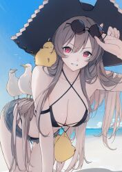 absurdres animal_on_shoulder azur_lane beach bent_over bird bird_on_back bird_on_shoulder black_hat breasts brown_hair cleavage commentary_request day female grin hat hatski.sin highres holding holding_removed_eyewear jean_bart_(azur_lane) large_breasts long_hair looking_at_viewer ocean outdoors red_eyes round_eyewear smile solo sunglasses unworn_eyewear very_long_hair 