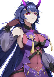  absurdres breasts covered_navel detached_sleeves dress eyeshadow female fuji4o highres honkai_(series) honkai_impact_3rd horns large_breasts long_hair looking_at_viewer makeup official_alternate_costume purple_dress purple_eyes purple_hair purple_horns raiden_mei raiden_mei_(herrscher_of_thunder) raiden_mei_(rainy_springtide) red_eyeshadow see-through_clothes see-through_dress simple_background solo upper_body white_background 